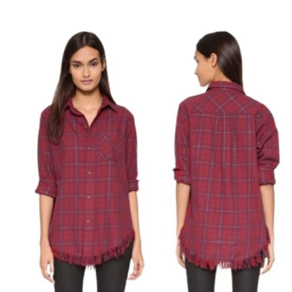 Current/Elliott Red Long Sleeve Frayed Hem Plaid Button Up Cotton Shirt Size 1 - Picture 14 of 15